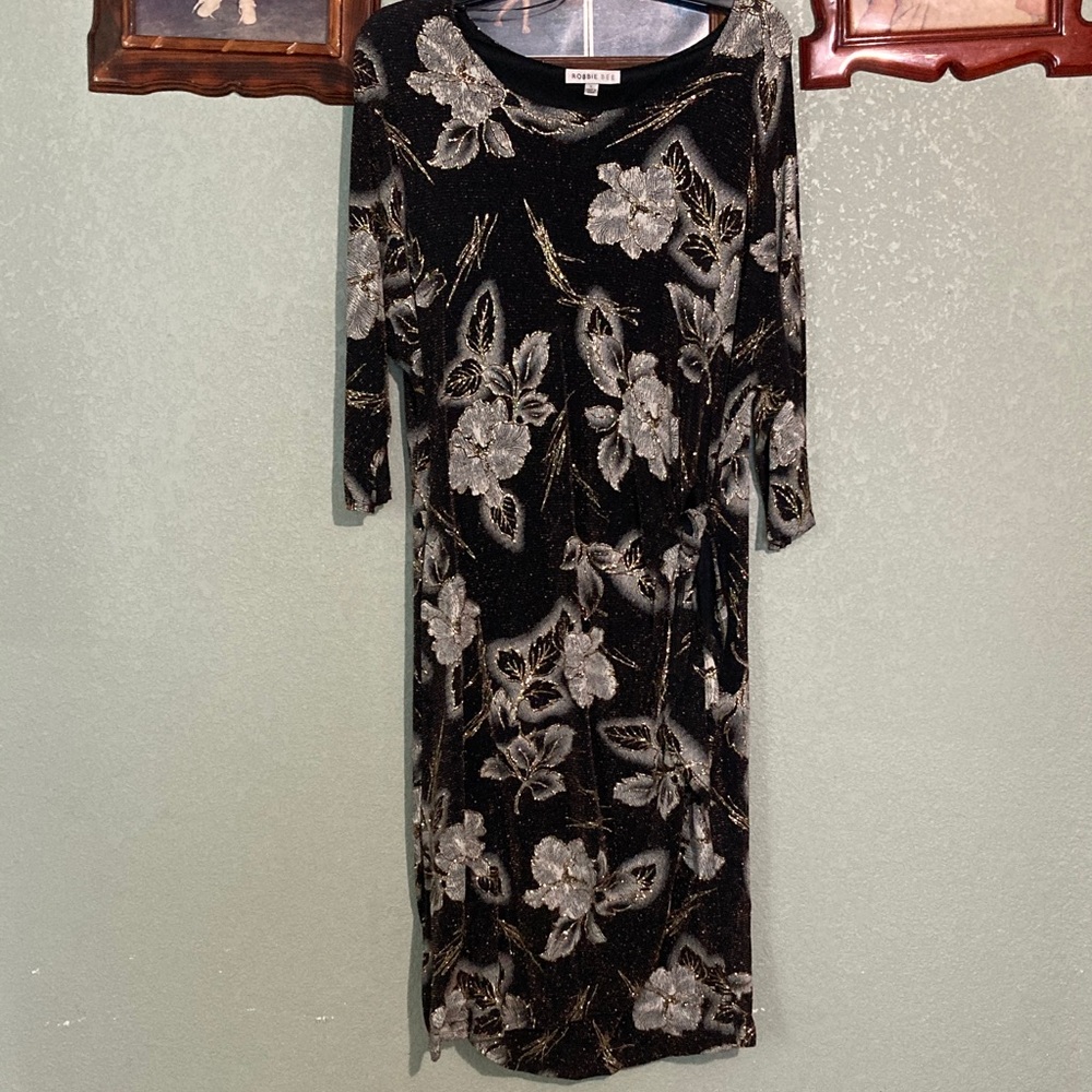 Robbie Bee Black Dress with Gold and Silver Floral Design